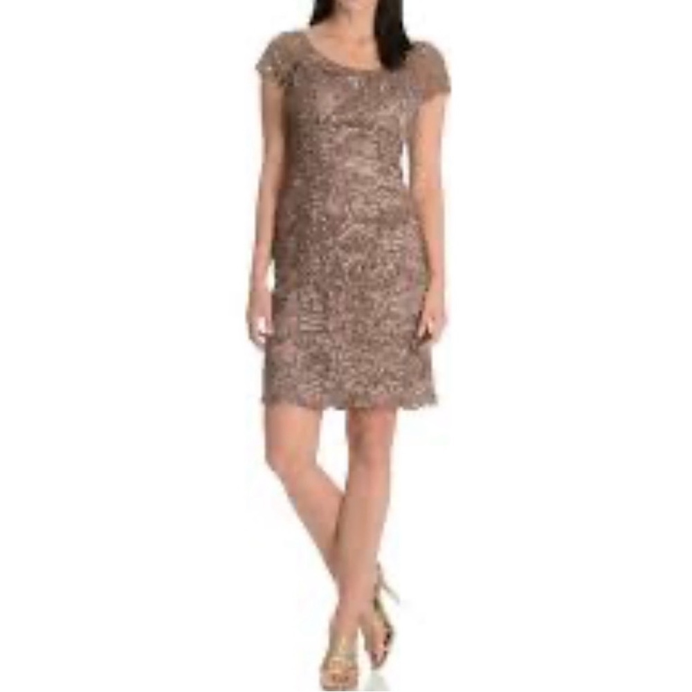 Sue Wong Taupe Embroidered Mini Dress